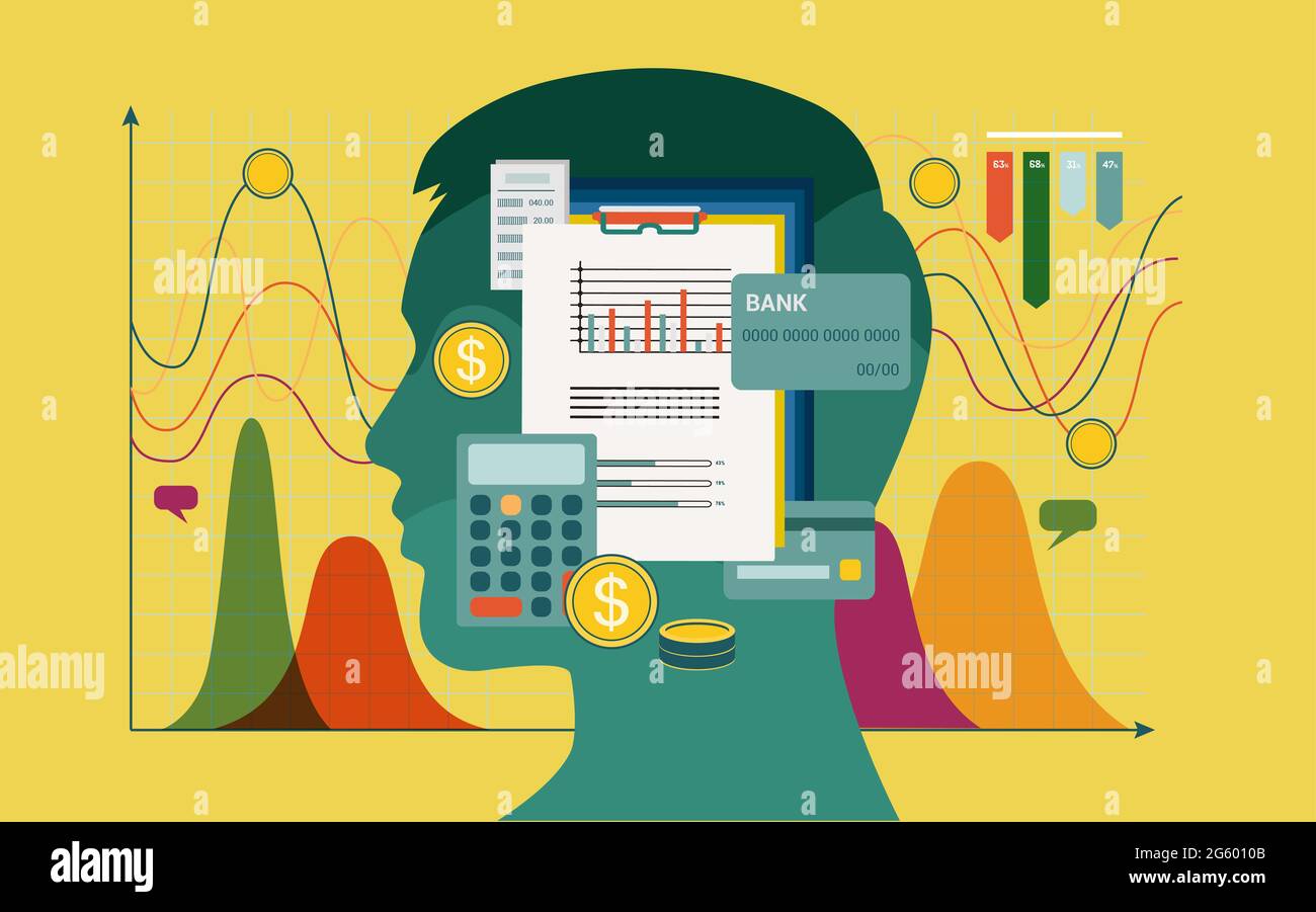 Abstract illustration, head of person thinking about budget, money. Cover Background for web page with payment schedules, bank cards, checks and bills Stock Photo