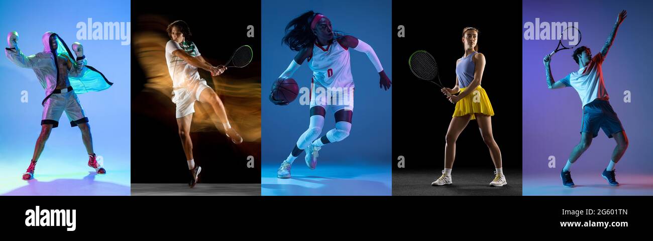Collage of different professional sportsmen, fit people in action on color neon background. Flyer. Stock Photo