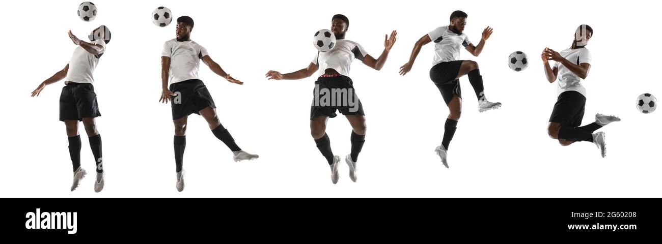 Young african football, soccer player isolated on white background. Concept of motion and action in sport. Training in jump, flight. Collage Stock Photo