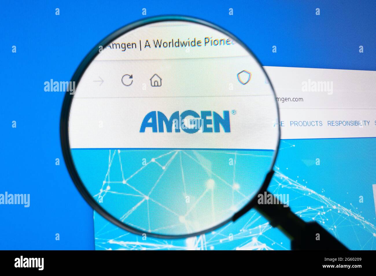 KYIV, UKRAINE - June 30, 2021. Site of Amgen company on the screen. Editorial. Stock Photo