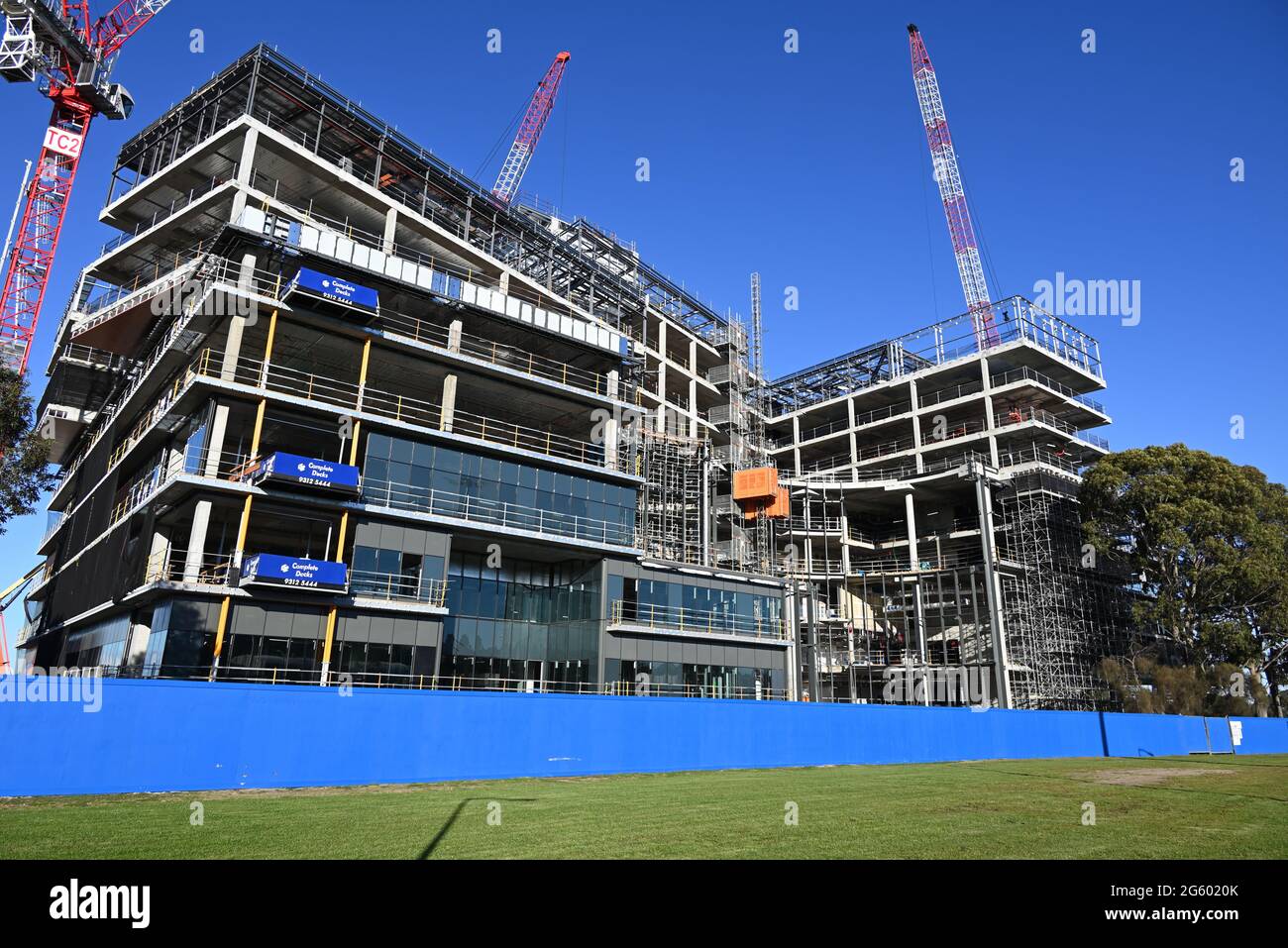 West side of the construction site of the Victorian Heart Hospital, also known as Monash Heart, located on Blackburn Rd next to Monash University Stock Photo