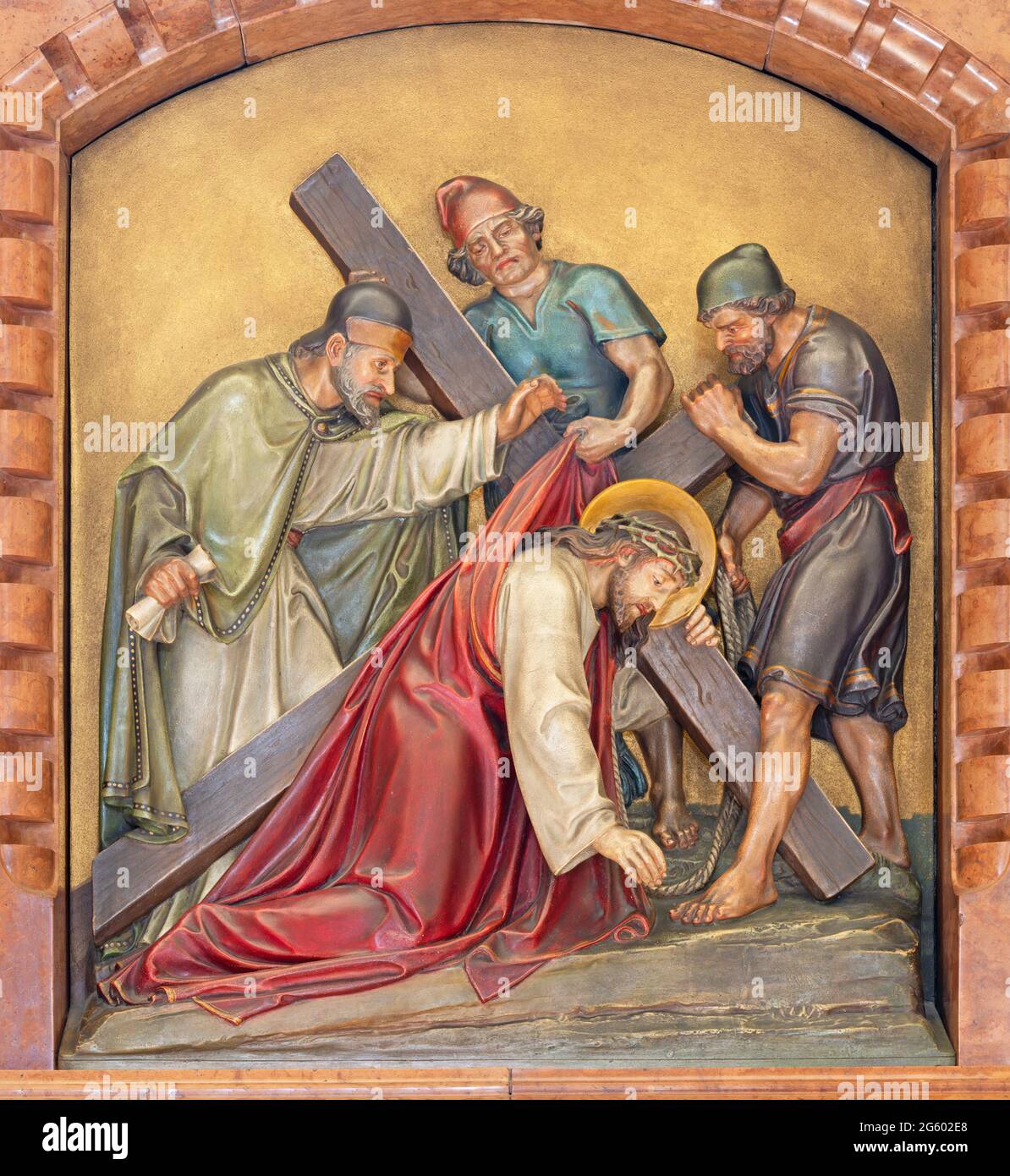 VIENNA, AUSTIRA - JUNI 18, 2021: The relief of Jesus fall under the cross in the Herz Jesu church from begin of 20. cent. by Workroom from Munich. Stock Photo