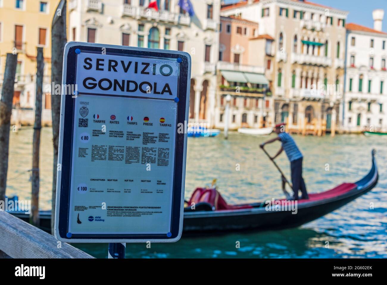 A gondola service price list at one of the many gondola landing stages