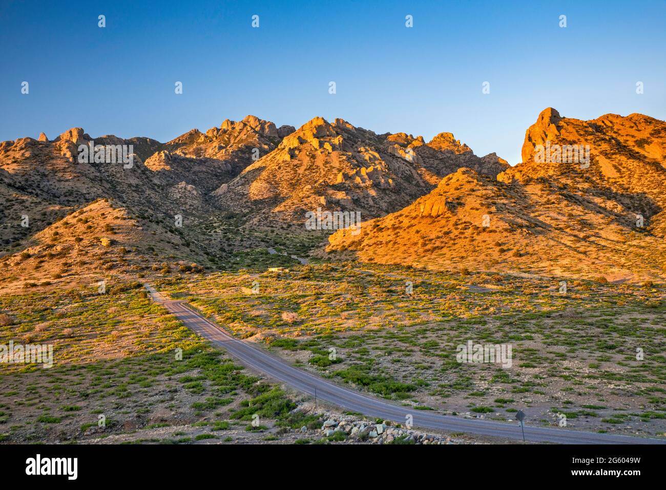 Road to Spring Canyon in Florida Mountains, Chihuahuan Desert, sunrise, near Rockhound State Park near Deming, New Mexico, USA Stock Photo