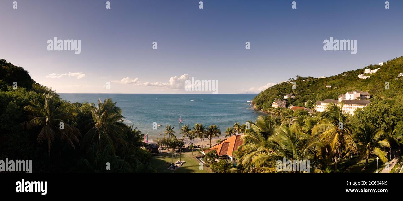 House amongst palm trees by sea Stock Photo