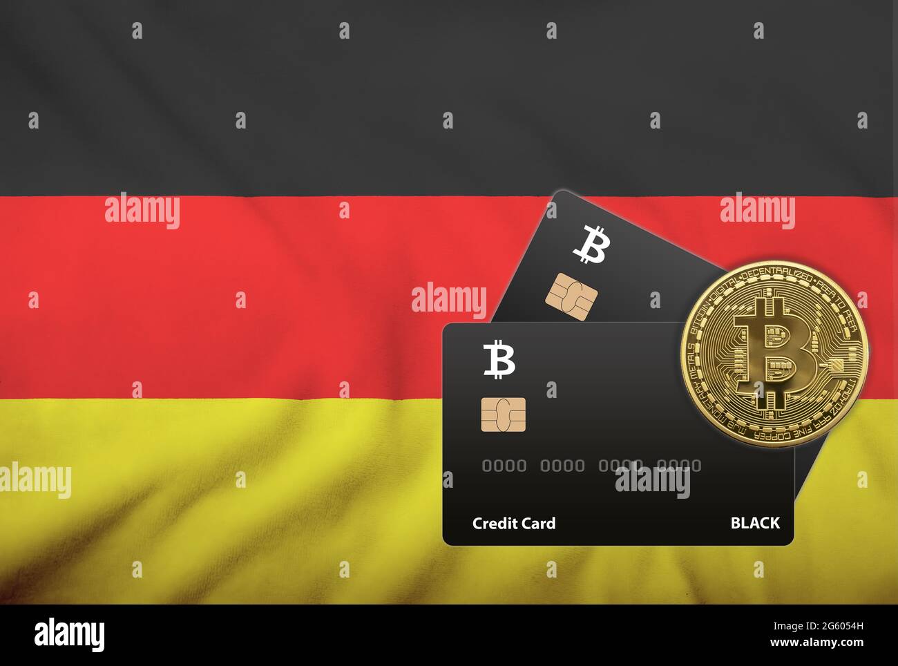 Illustration of two black credit cards and bitcoin coin on the background  of the flag of Germany Stock Photo - Alamy