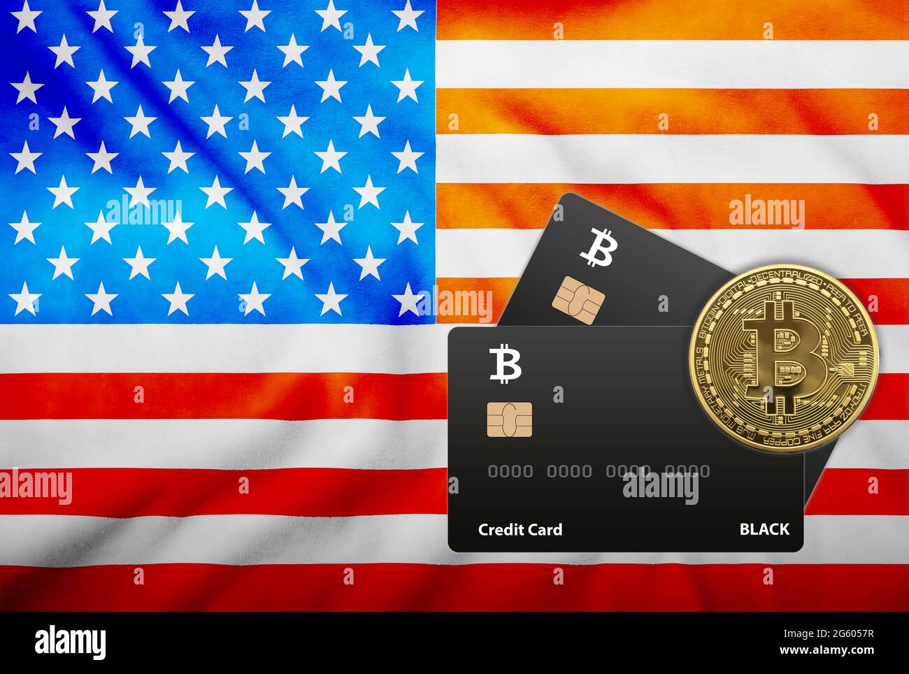 Illustration of two black credit cards and bitcoin coin on the background  of the flag of USA Stock Photo - Alamy