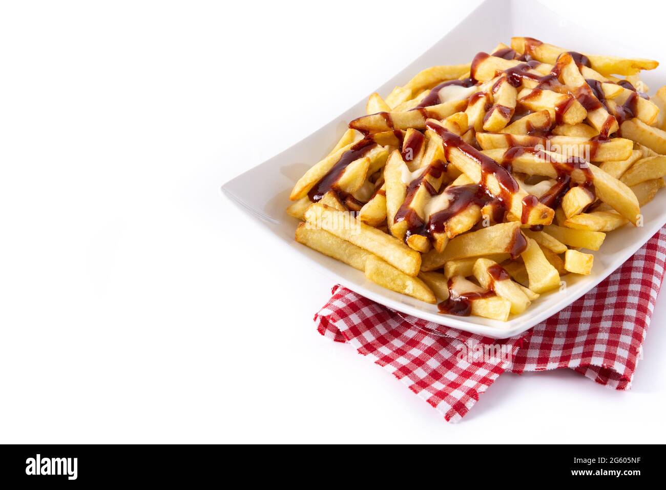 Traditional Canadian Poutine isolated on white background Stock Photo
