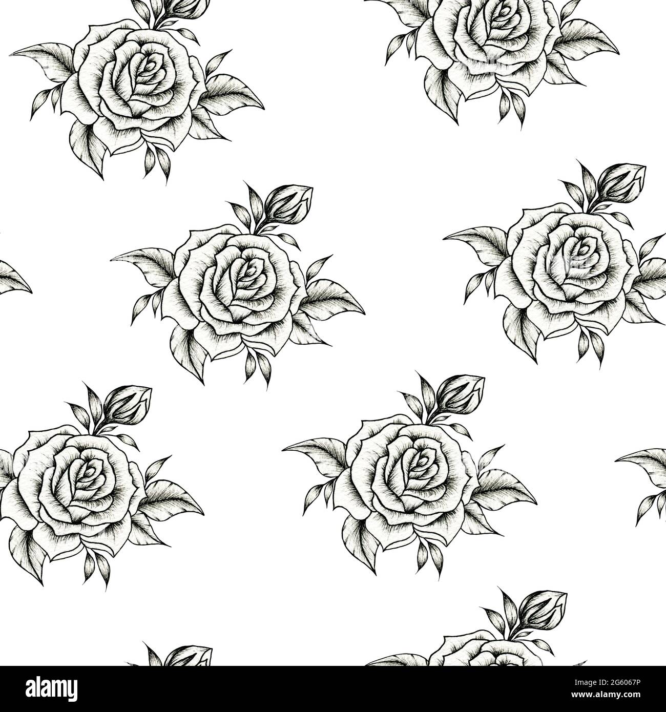 Black and white rose flower seamless pattern on white, botanical ...