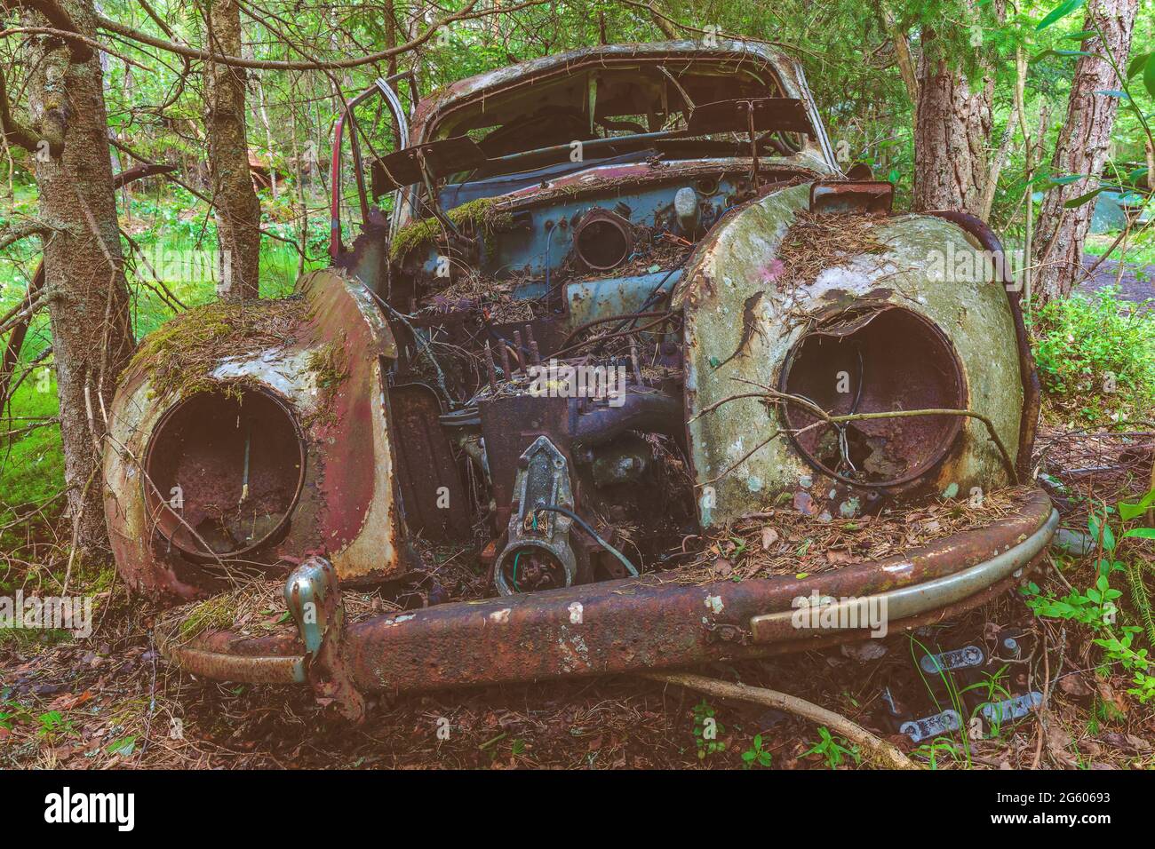 Retro styled image of an old rusted and weathered scrap car in a forest Stock Photo