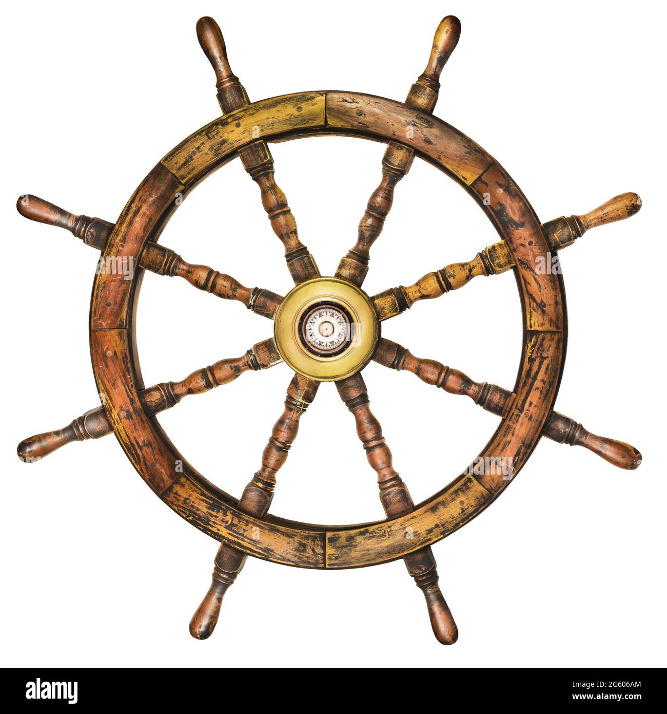 Vintage wooden ship steering wheel isolated on a white background Stock Photo