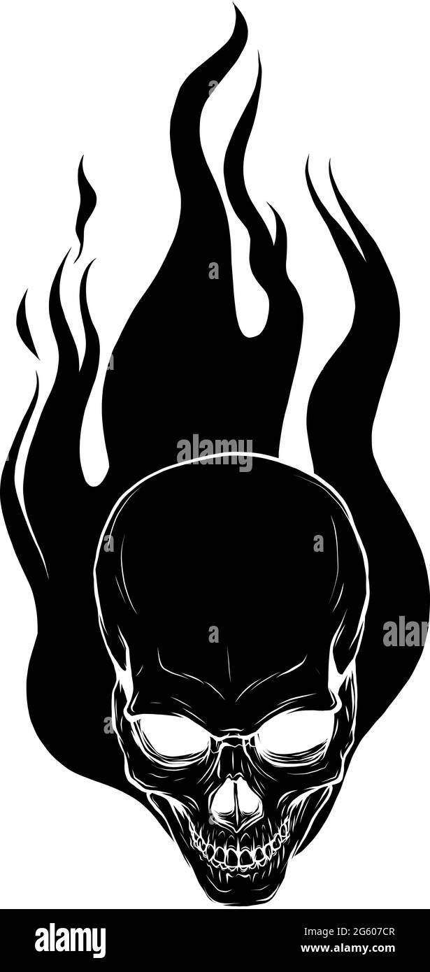 vector illustration of silhouette skull falling with fire flame Stock Vector