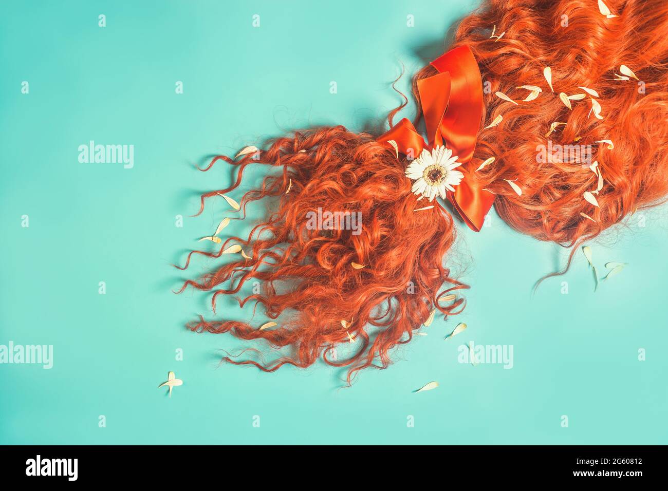 Healthy red curly hair tied in a ponytail with a red ribbon on a blue background with daisies and petals and other flowers. View from above Stock Photo