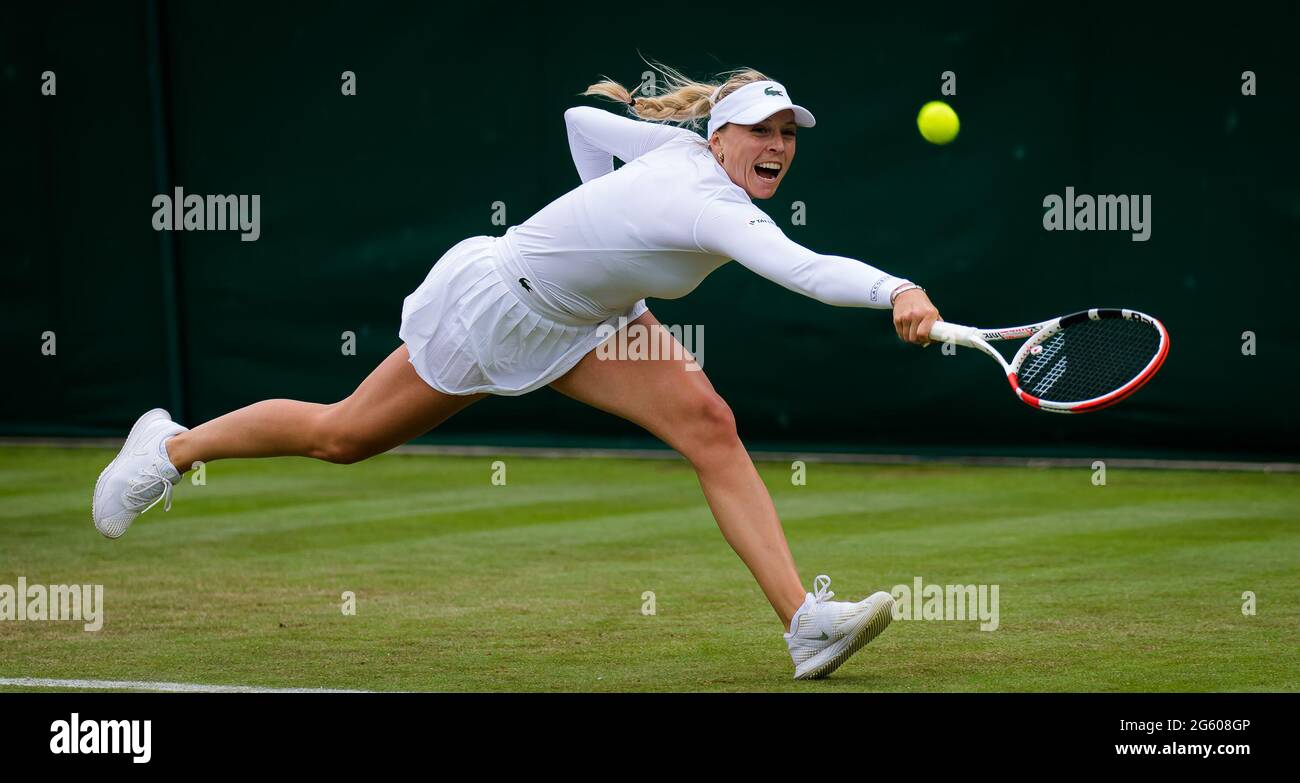 Anett Kontaveit of Estonia in action against Marketa Vondrousova of the  Czech Republic during the first round of The Championships Wimbledon 2021,  Grand Slam tennis tournament on June 30, 2021 at All