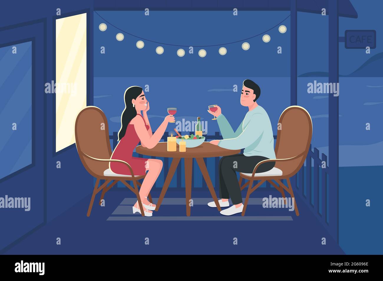 Couple on romantic night date flat color vector illustration Stock Vector
