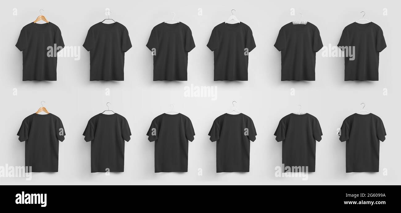 Mockup of black male t-shirts on fabric, plastic, wood and metal hangers for presentation of design and pattern. Quality hanging clothes template on b Stock Photo