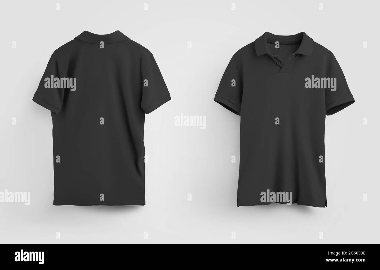 Men's polo t-shirt template in black color, with shadows, front and back view. Fashionable textile apparel for design presentation and advertising in Stock Photo