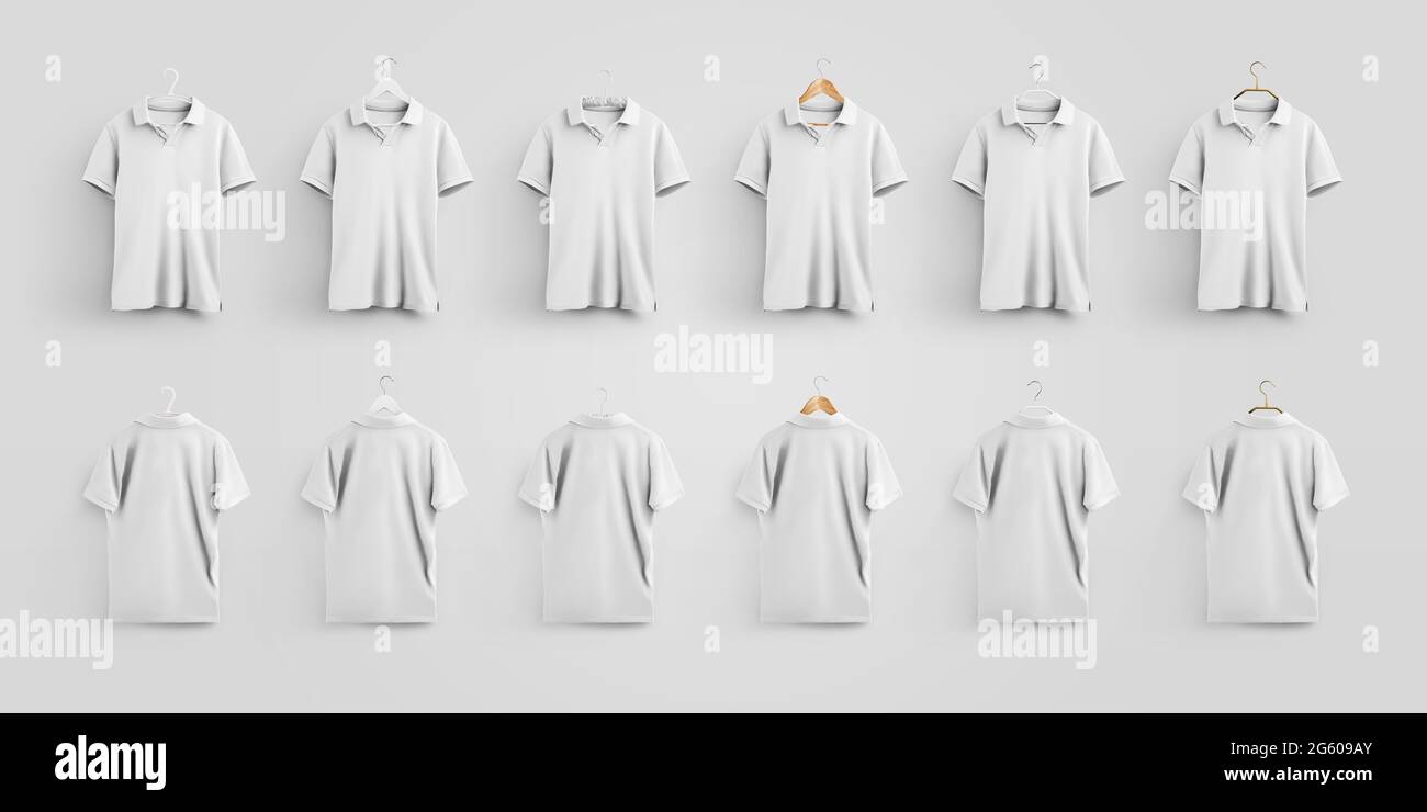 White male polo t-shirt template, front and back views, hanging on different hangers, for advertising in an online store. Mockup of casual clothes, is Stock Photo