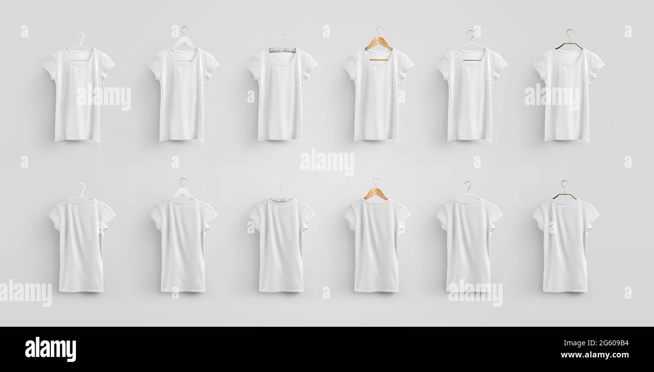 White blank female t-shirt template hanging on different hangers, fashionable clothes for design presentation, pattern. Mockup of textile clothing, fo Stock Photo