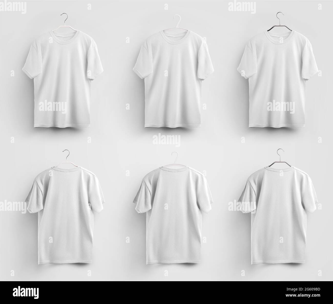 Mockup of men's white T-shirts on metal, plastic hangers, for design presentation, advertising in an online store. Clothing textile template isolated Stock Photo