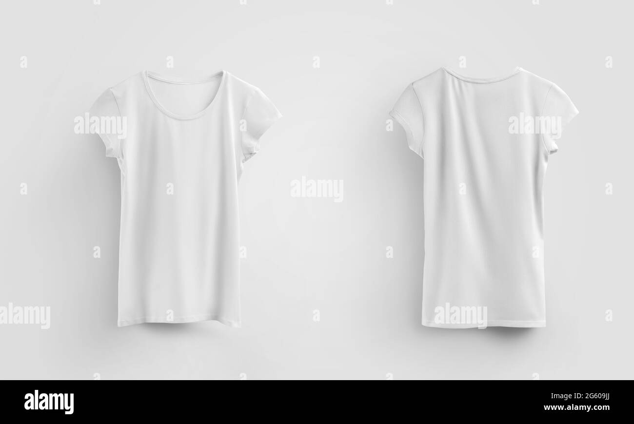 Mockup of womens white t-shirt, stylish clothes, for presentation of design and pattern, front and back view. Blank textile clothing template, with sh Stock Photo