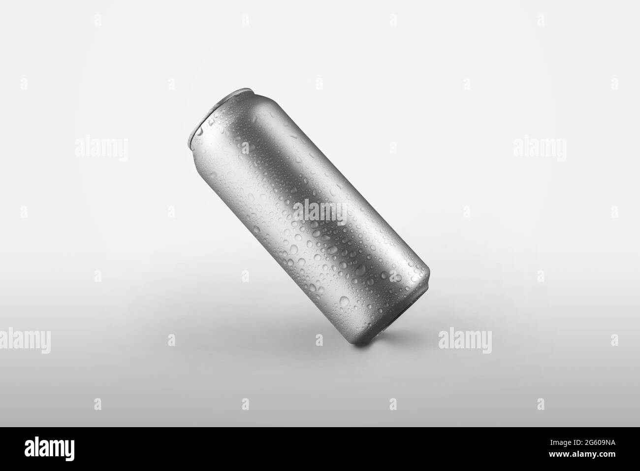 Mockup big aluminum bottle with lemonade and drops of water, for presentation of design and logo. Tin can template with soda or drink on a background Stock Photo