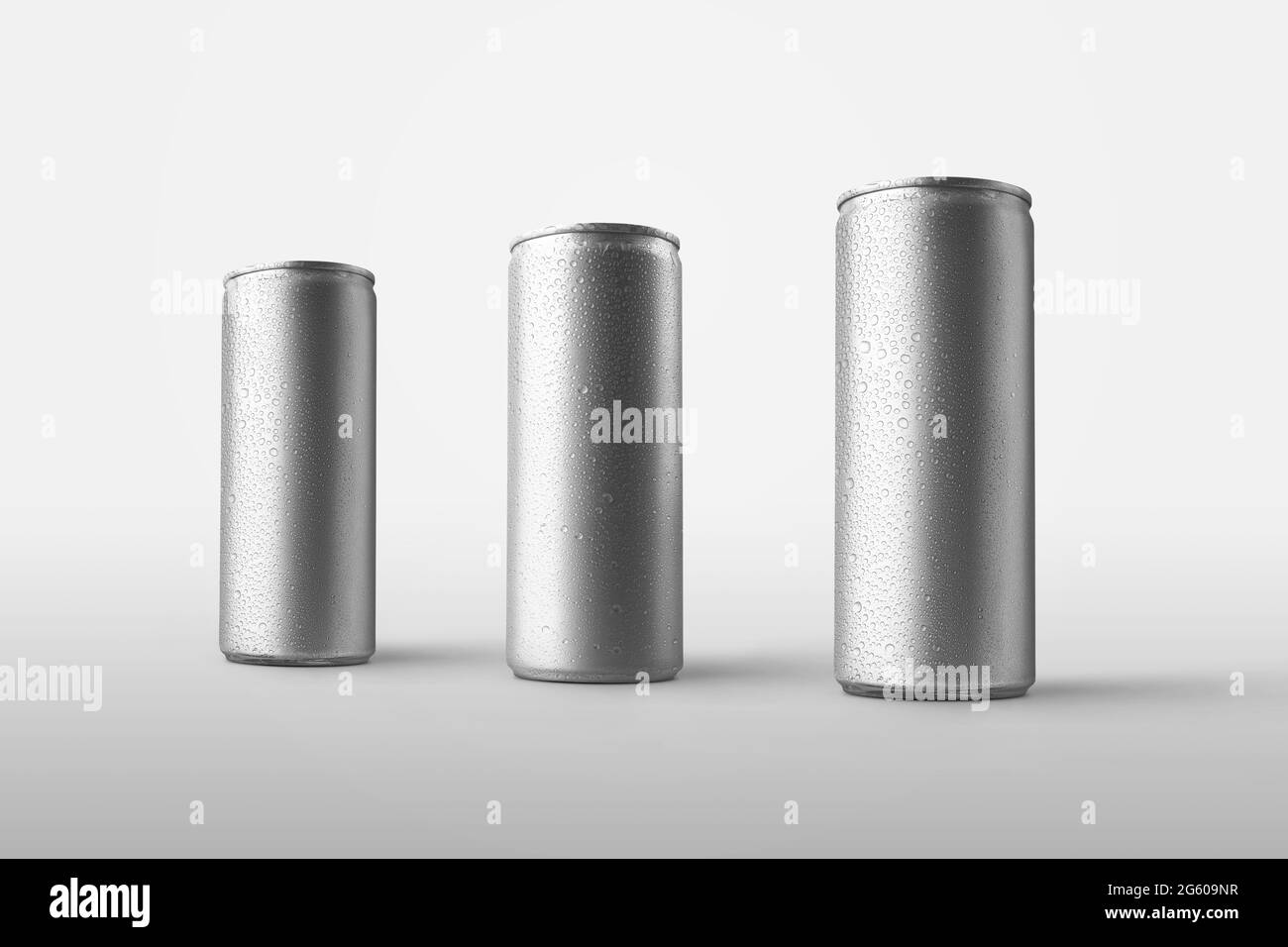 Mockup of a small, medium, large tin can with water drops for design presentation, set of metal bottle with a refreshing drink. Template of standing c Stock Photo