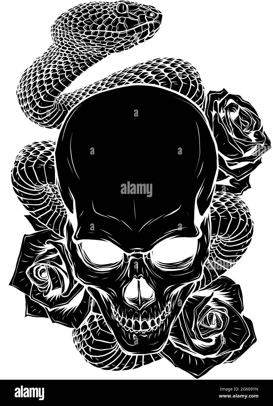 vector illustration of skull, roses and snake Stock Vector