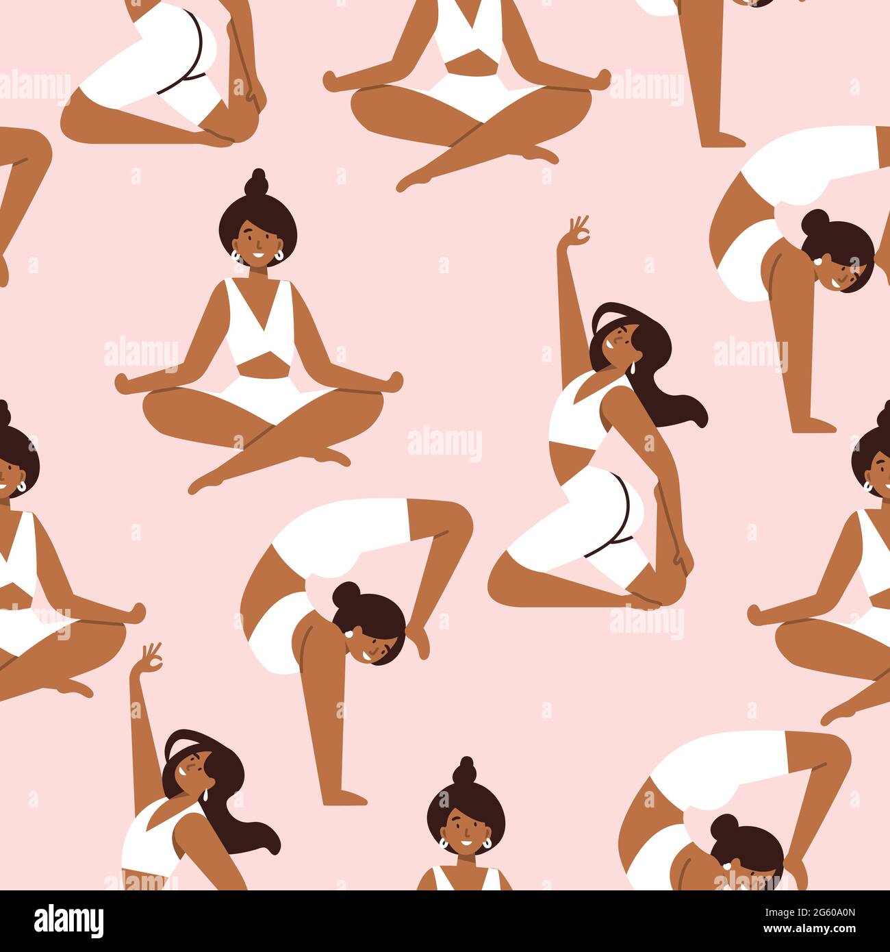 Vector illustration set with young women doing yoga exercising. Various of yoga poses. Seamless pattern Stock Vector