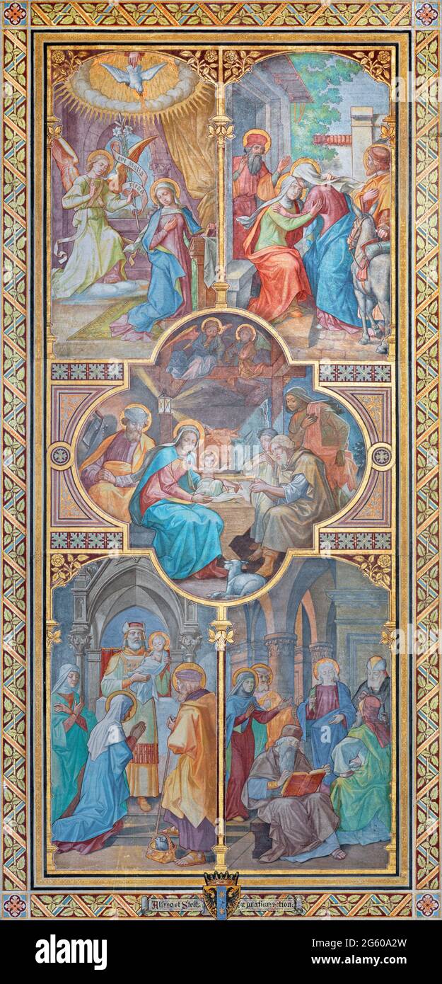 VIENNA, AUSTIRA - JUNI 24, 2021: The fresco of Joyful mystery of the Rosary in the Votivkirche church by brothers Carl and Franz Jobst Stock Photo