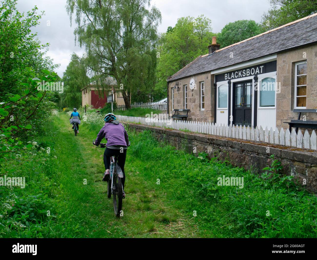 Cycling on a disused railway line, Speyside Way, Grampian Stock Photo