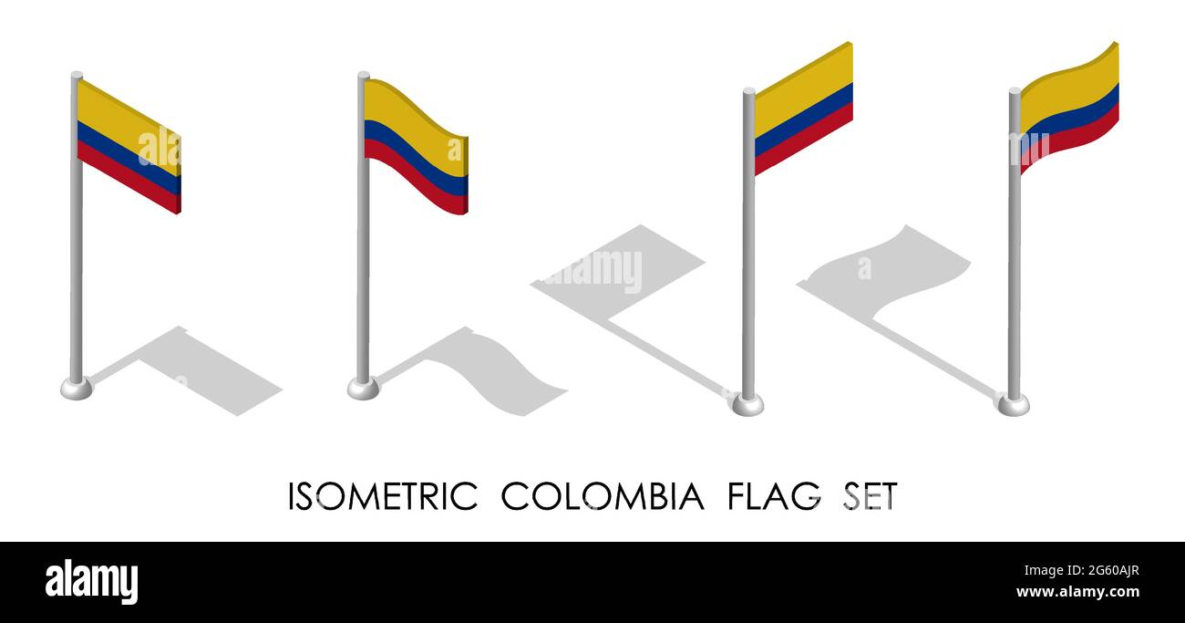 isometric flag of Colombia in static position and in motion on flagpole. 3d vector Stock Vector