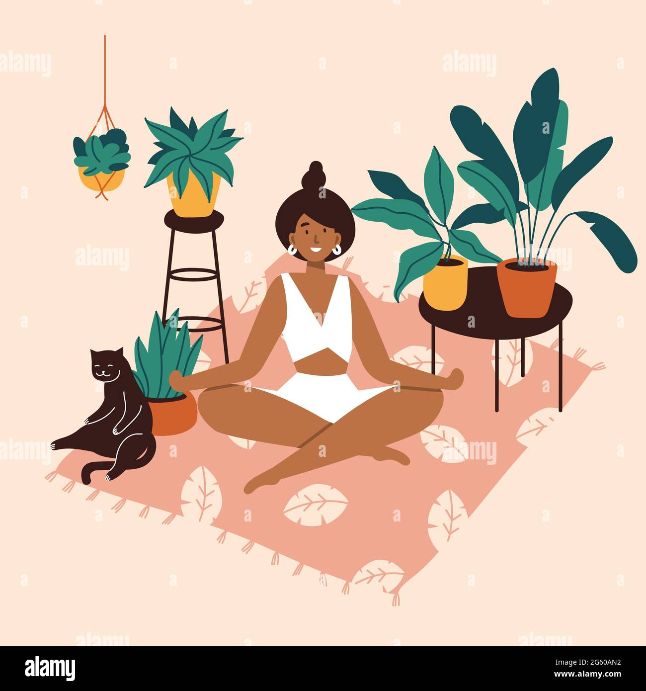 Vector illustration with young woman doing yoga at cozy home with