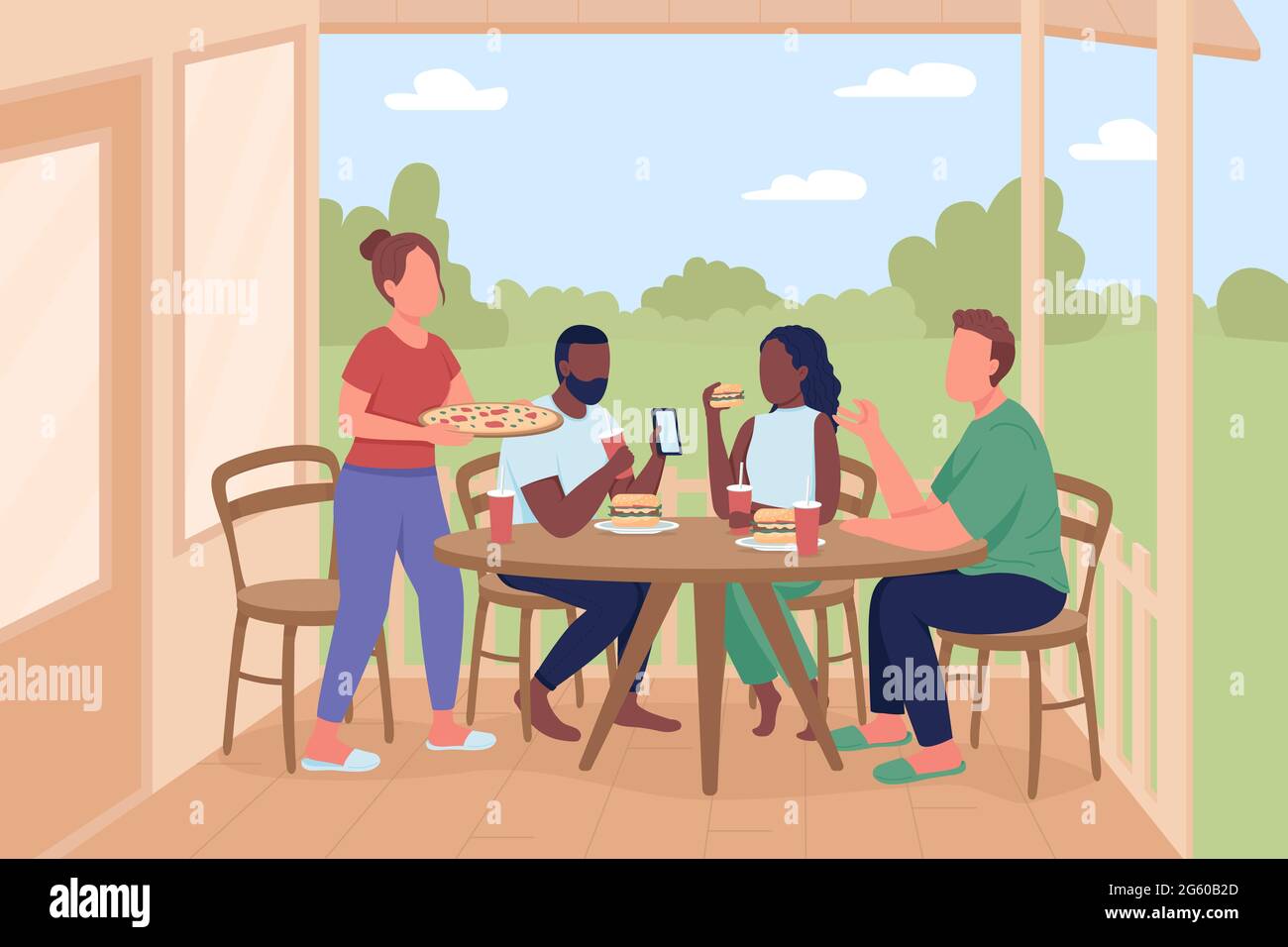 Friends at outdoor dinner party flat color vector illustration Stock Vector