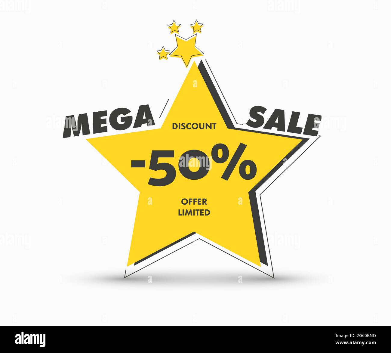 Star yellow tag vector template for mega big sale. Design banner with a black stroke and text, with a discount of 50 percent Stock Vector