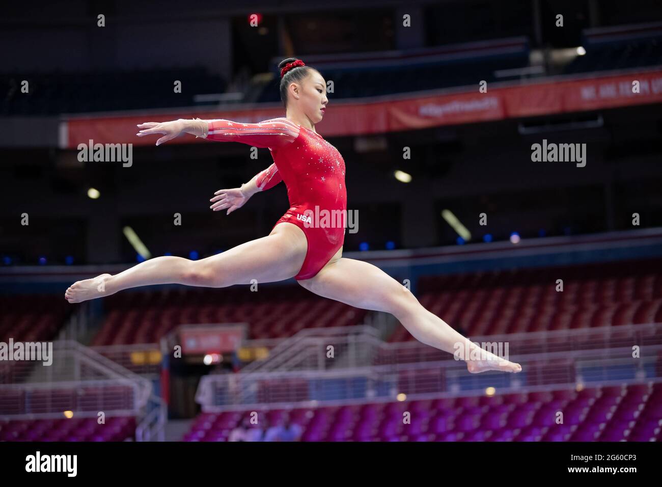 June 25, 2021: Kara Eaker practices her balance beam routine during Day