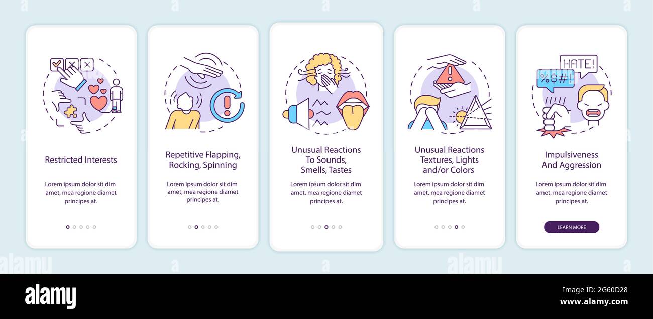Autism symptoms onboarding mobile app page screen Stock Vector