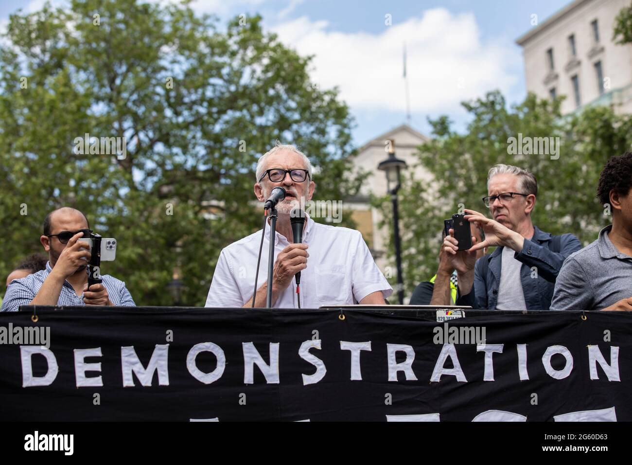 Jeremy Corbyn former Labour Party Leader speaks at the Free Palestine Protest in Whitehall, Central London, England, UK Stock Photo