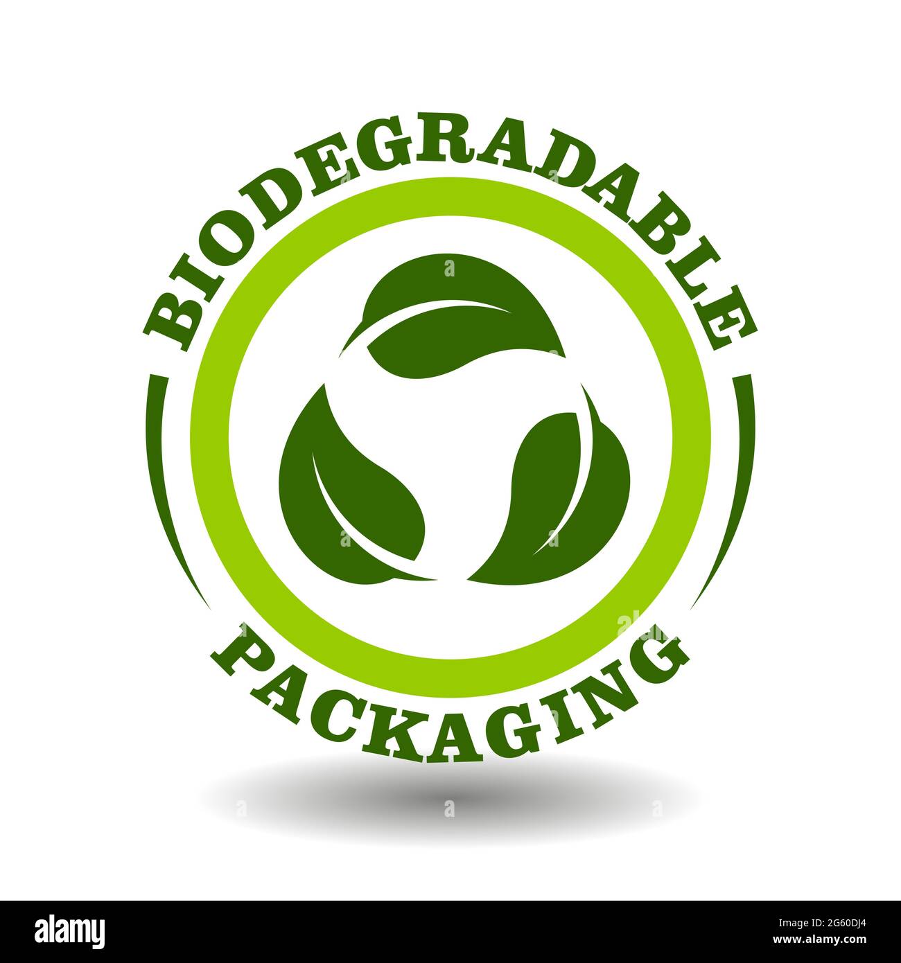 Simple circle logo Biodegradable packaging with green leaves recycling arrows symbol in vector round icon for plastic free products labeling. Creative Stock Vector