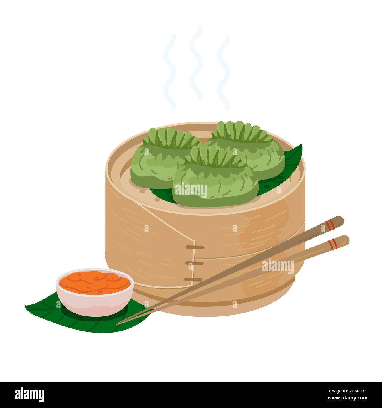 Homemade chinese cuisine Steamed Baozi with bamboo steamer. Green dumplings in bamboo basket. Vector vegetable spinach steam momo with chopsticks and Stock Vector