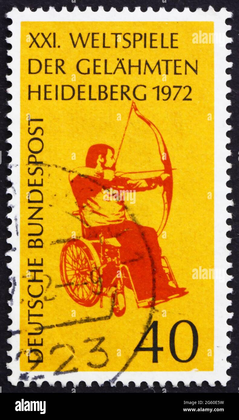 GERMANY - CIRCA 1972: a stamp printed in the Germany shows Archer in Wheelchair, 21st Stoke-Mandeville Games for the Paralyzed, Heidelberg, circa 1972 Stock Photo