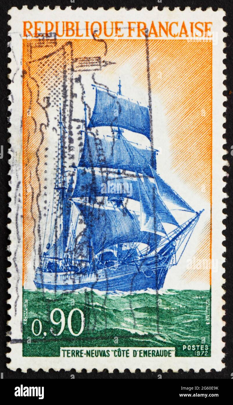 FRANCE - CIRCA 1972: a stamp printed in the France shows Newfoundlander Ship Cote d’Emeraude, Barquentine Ship, Fishing Vessel, circa 1972 Stock Photo
