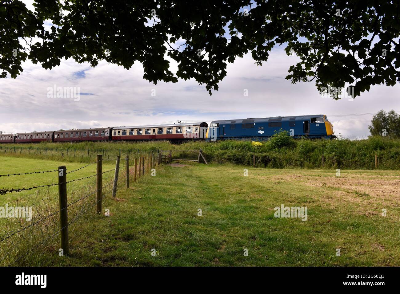 Lancashire, UK, Thursday July 01, 2021. The annual Summer Diesel Spectacular started today under beautiful blue skies on the East Lancashire Railway. The four day event will feature more than a dozen of the railways fleet of diesel engine and is expected to attract hundreds of visitors over the weekend. Diesel engines haul passengers from the Burrs Country Park stop in Bury on route to Rawtenstall. Credit: Paul Heyes/ Alamy Live News Stock Photo