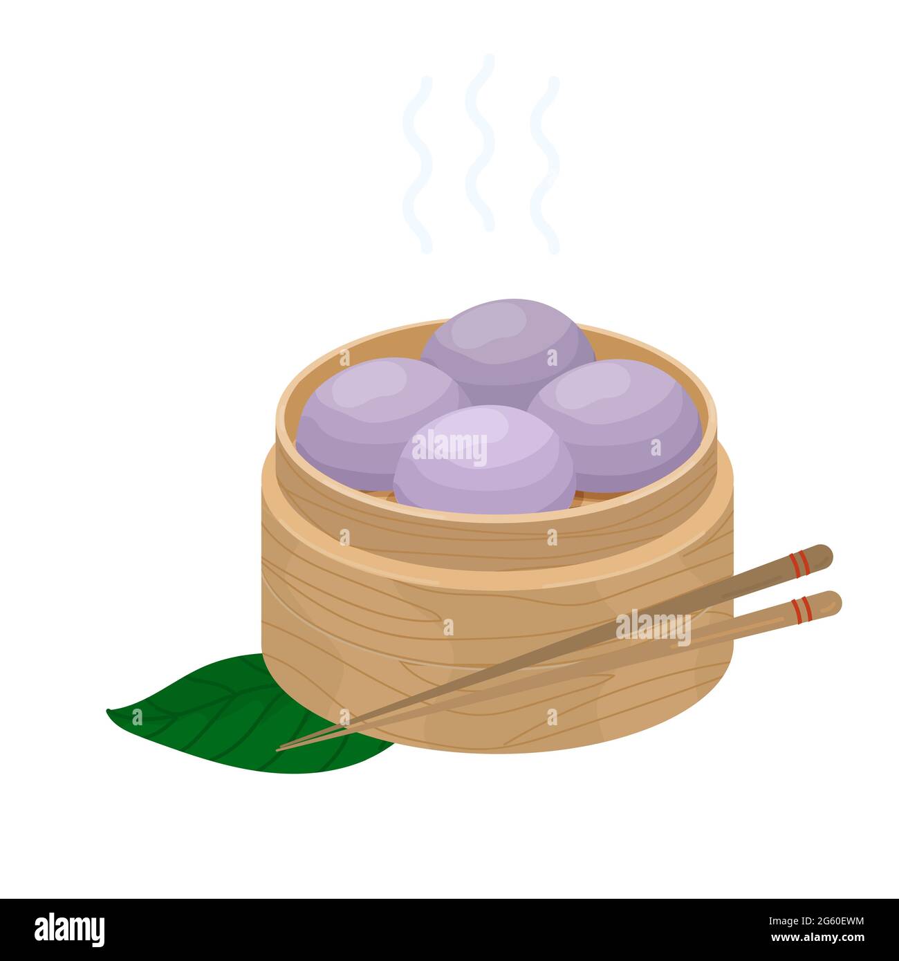 Purple sweet taro steamed buns. Chinese pastries with purple sweet potato Yam Bao Ube Pao. Vector of Steam taro yam buns in wooden steamer with sticks Stock Vector