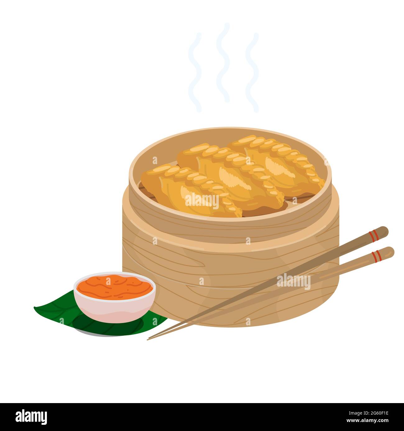 Fried momo dumplings in wooden steamer basket. Vector illustration of steam fried veg momos with sticks and chutney sauce. Nepalese momo icon dish iso Stock Vector