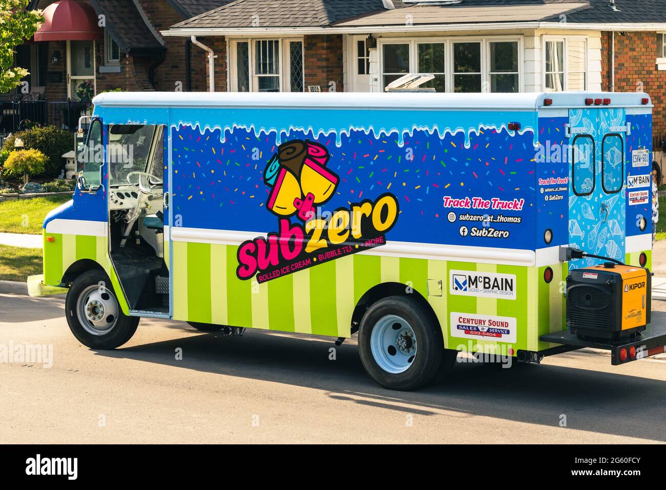St. Thomas, Ontario, Canada - June 16 2021: A SubZero ice cream truck outside of residential homes, selling ice cream. Stock Photo