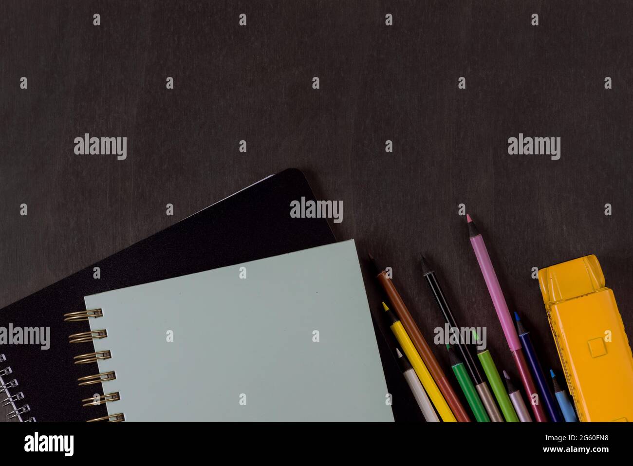Assortment school supplies items of various stationery equipment Stock Photo
