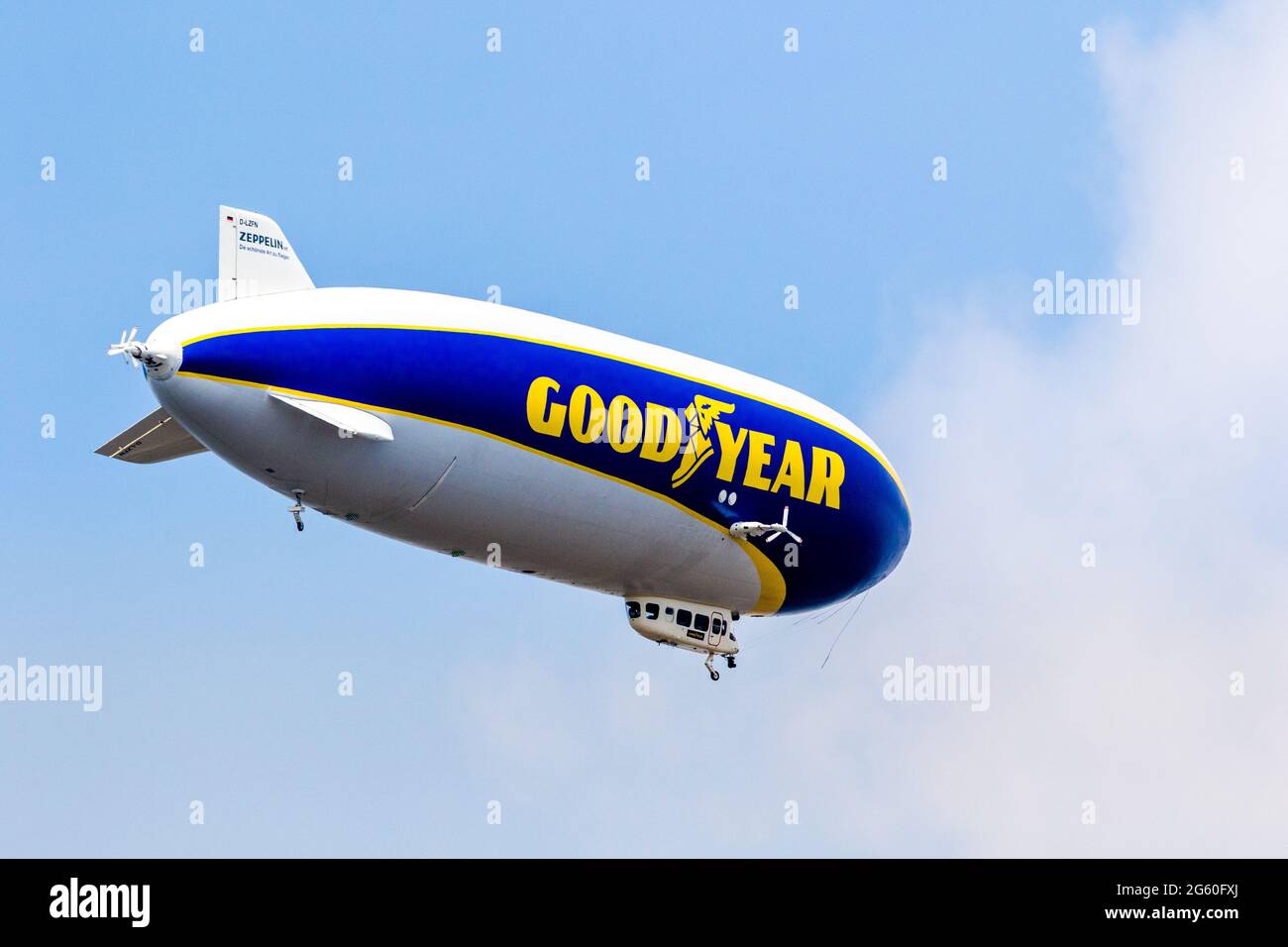Eastbourne, UK. 1st July, 2021. The Goodyear Airship flies overhead the popular seaside resort of Eastbourne on its journey along the South coast of Sussex. This is the vessels first visit to the UK in nearly 10 years. The Airship is due to continue it journey  via Portsmouth before routing inland to Dover and then out over the English Channel to its Calais base . Credit: Newspics UK South/Alamy Live News Stock Photo