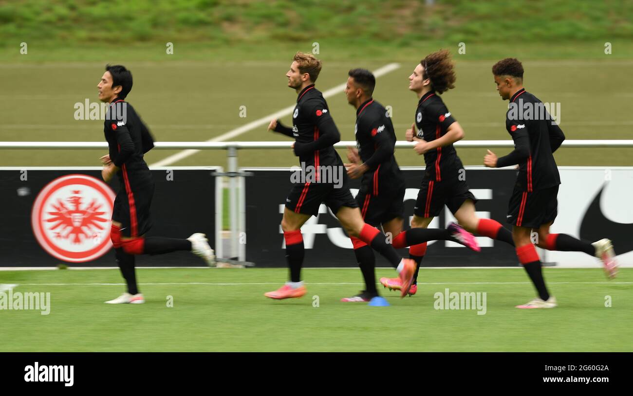 01 July 2021, Hessen, Frankfurt/Main: Makoto Hasebe (l-r), Christopher Lenz, Rodrigo Zalazar, Fabio Blanco and Dario Gebuhr attend the training kick-off of Eintracht Frankfurt's Bundesliga team at the Frankfurt stadium. Photo: Arne Dedert/dpa Stock Photo