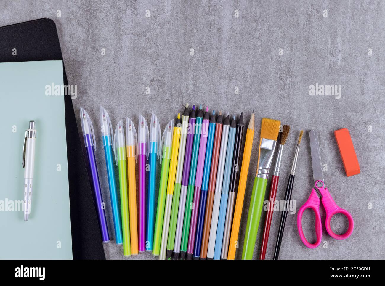 Stationery equipment in assortment of various school supplies items on school times Stock Photo